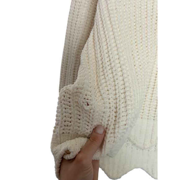 Tory Sport Chunky Knit Scalloped Hem Fisherman Boxy Fit Sweater Cream Sz XS - Picture 6 of 7